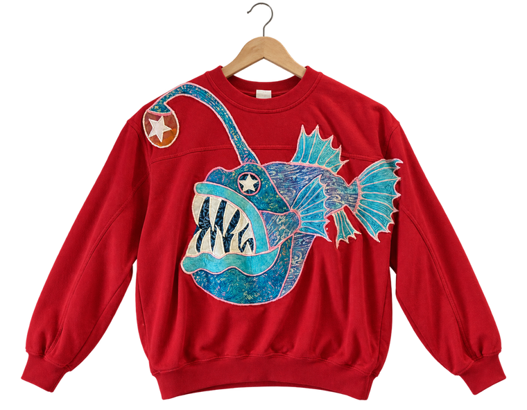 Anglerfish · Red, crewneck sweatshirt, hanging view