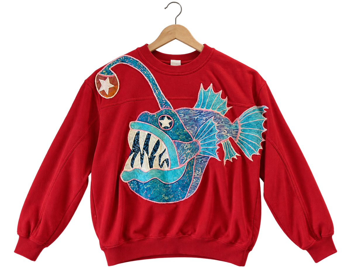 Anglerfish · Red, crewneck sweatshirt, hanging view