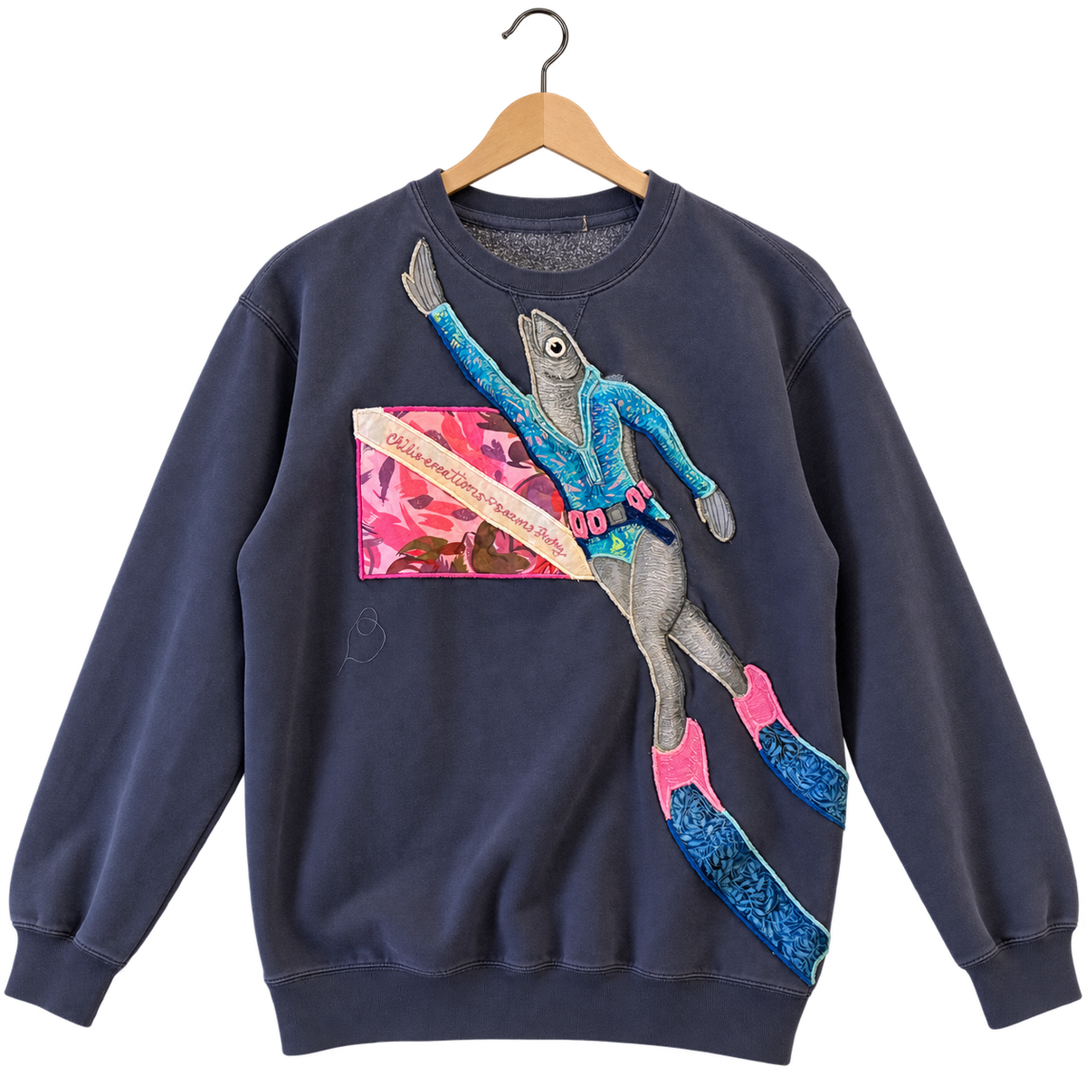 Fish diver · Navy, crewneck sweatshirt, hanging view