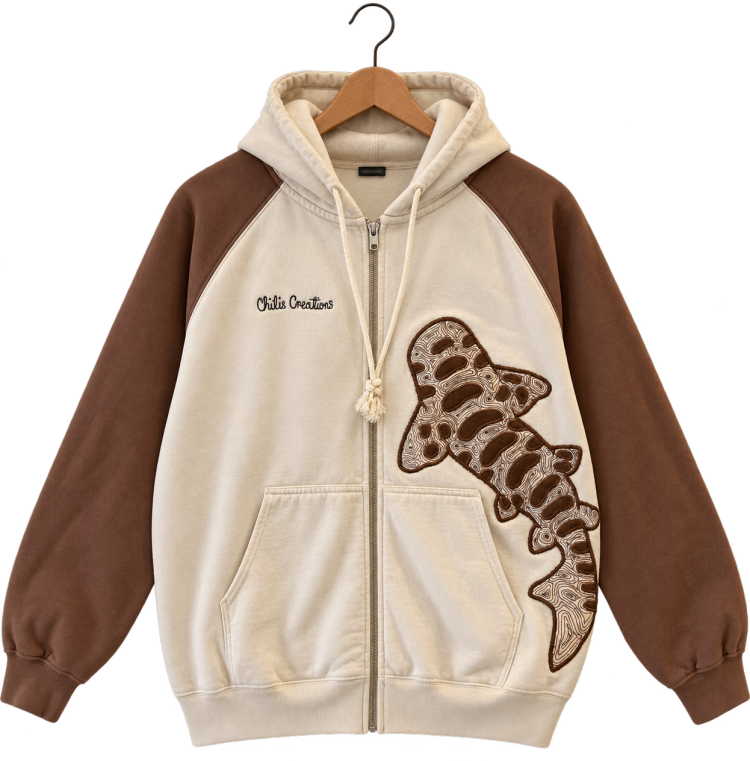 Shark · Cream & brown, zip-up hoodie, hanging view