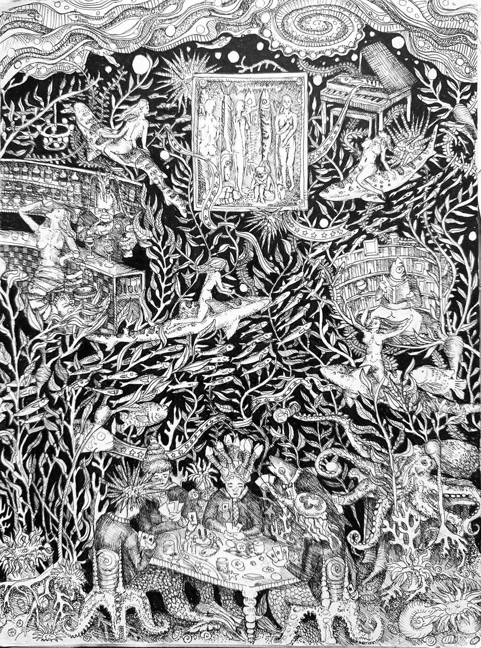 A detail of Chili’s intricate marine ink drawing