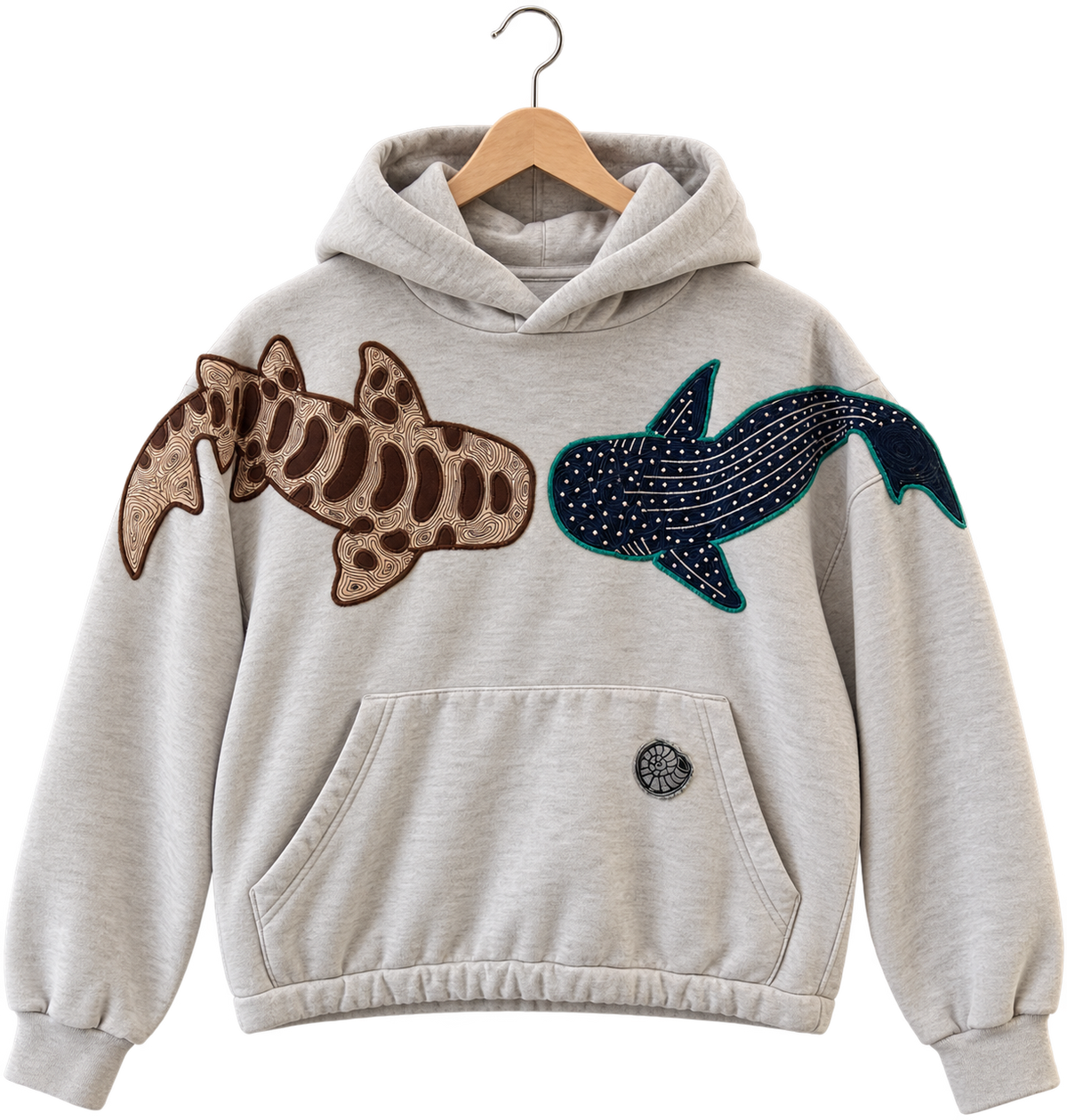 Two sharks · Ash, pullover hoodie, hanging view