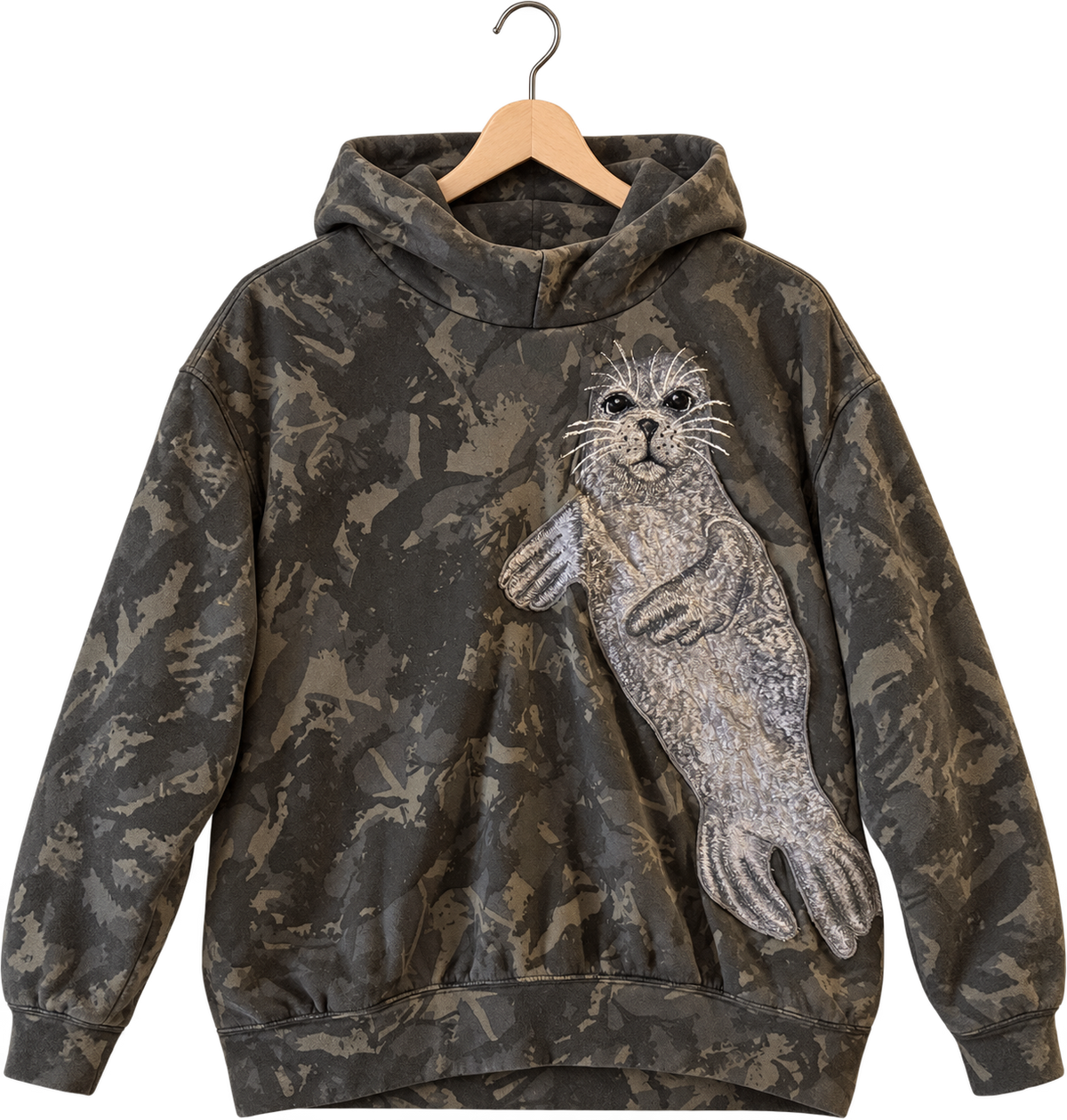 Seal · Camo, pullover hoodie, hanging view