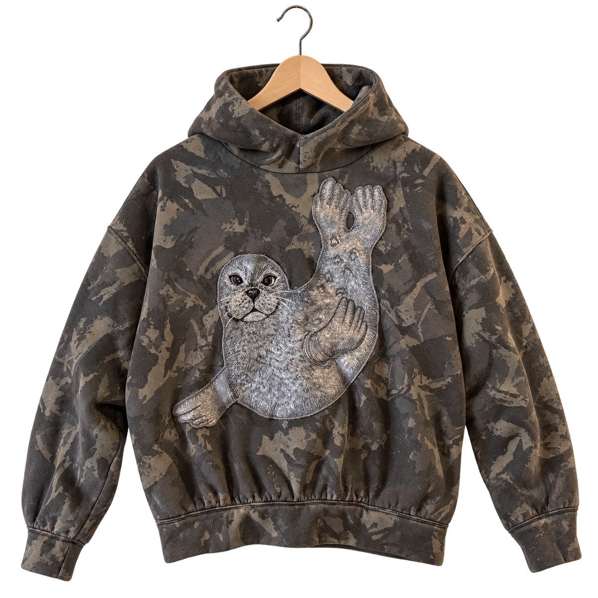 Curled seal · Camo, pullover hoodie, hanging view