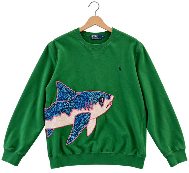 Shark · Green, crewneck sweatshirt, hanging view
