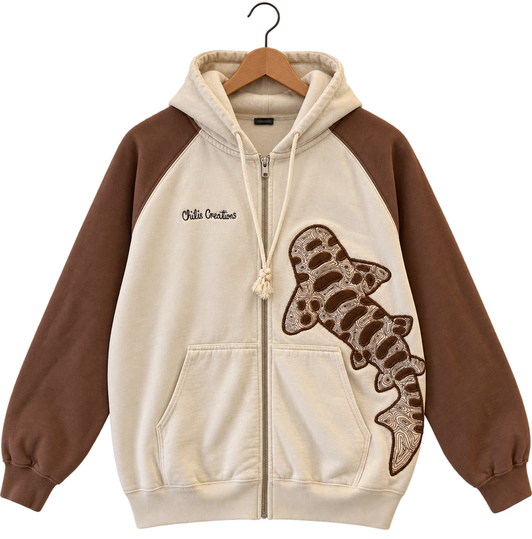 Shark · Cream & brown, zip-up hoodie, hanging view