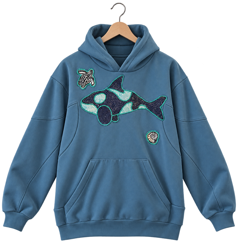 Orca, turtle & shell · Blue, pullover hoodie, hanging view