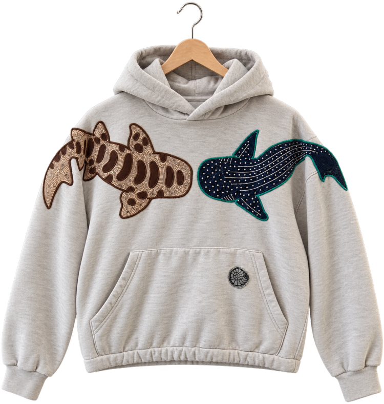 Two sharks · Ash, pullover hoodie, hanging view