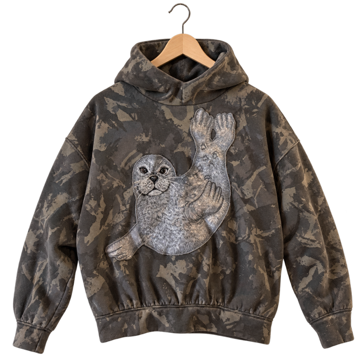 Curled seal · Camo, pullover hoodie, hanging view