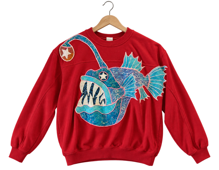 Anglerfish · Red, crewneck sweatshirt, hanging view
