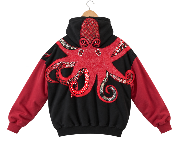 Octopus · Red & black, hoodie, back view, hanging