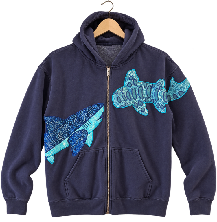 Two sharks · Navy, zip-up hoodie, hanging view