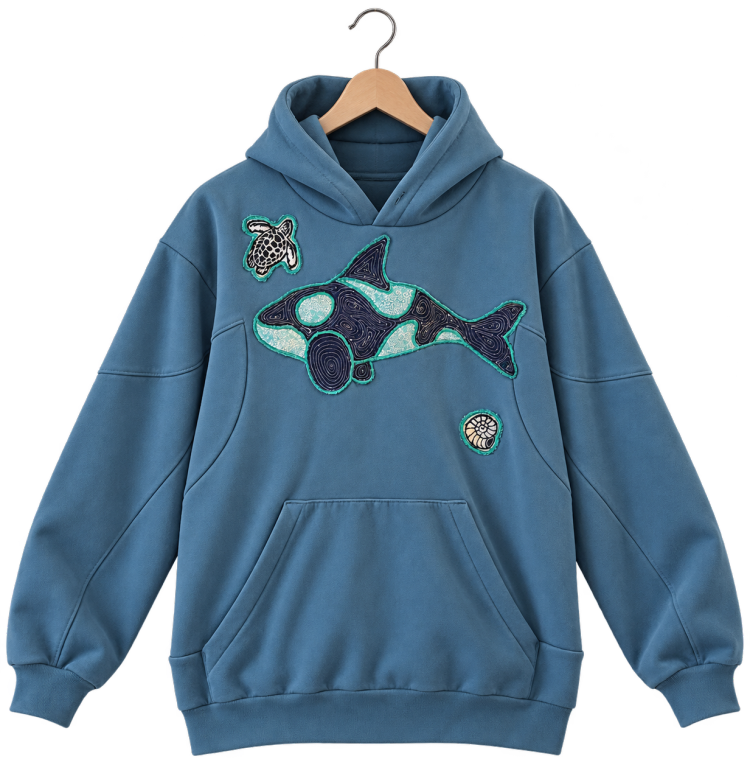 Orca, turtle & shell · Blue, pullover hoodie, hanging view
